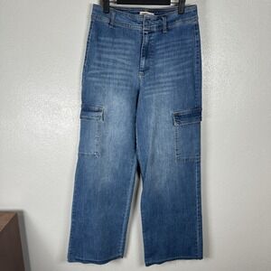 OAT New York Blue Denim High Rise Wide Leg Cargo Raw Hem Jeans Womens Size 8/29